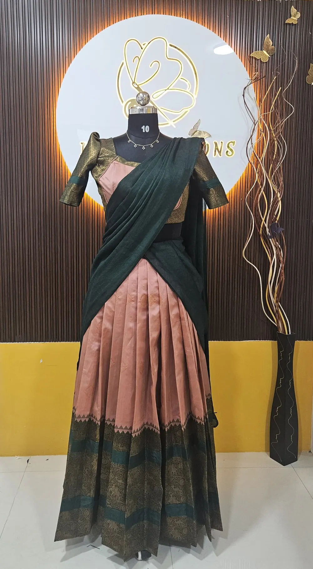 Half saree set in peach and green